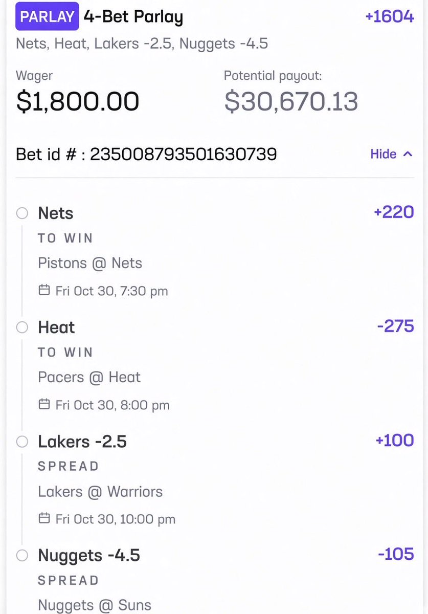 ParlayGoddess2's tweet photo. $1,800 → $30,670
Nets ML
Heat ML
Lakers -2.5
Nuggets -4.5
+1604.
Numbers only. Let’s get this bag. https://t.co/Z463jdFAfc