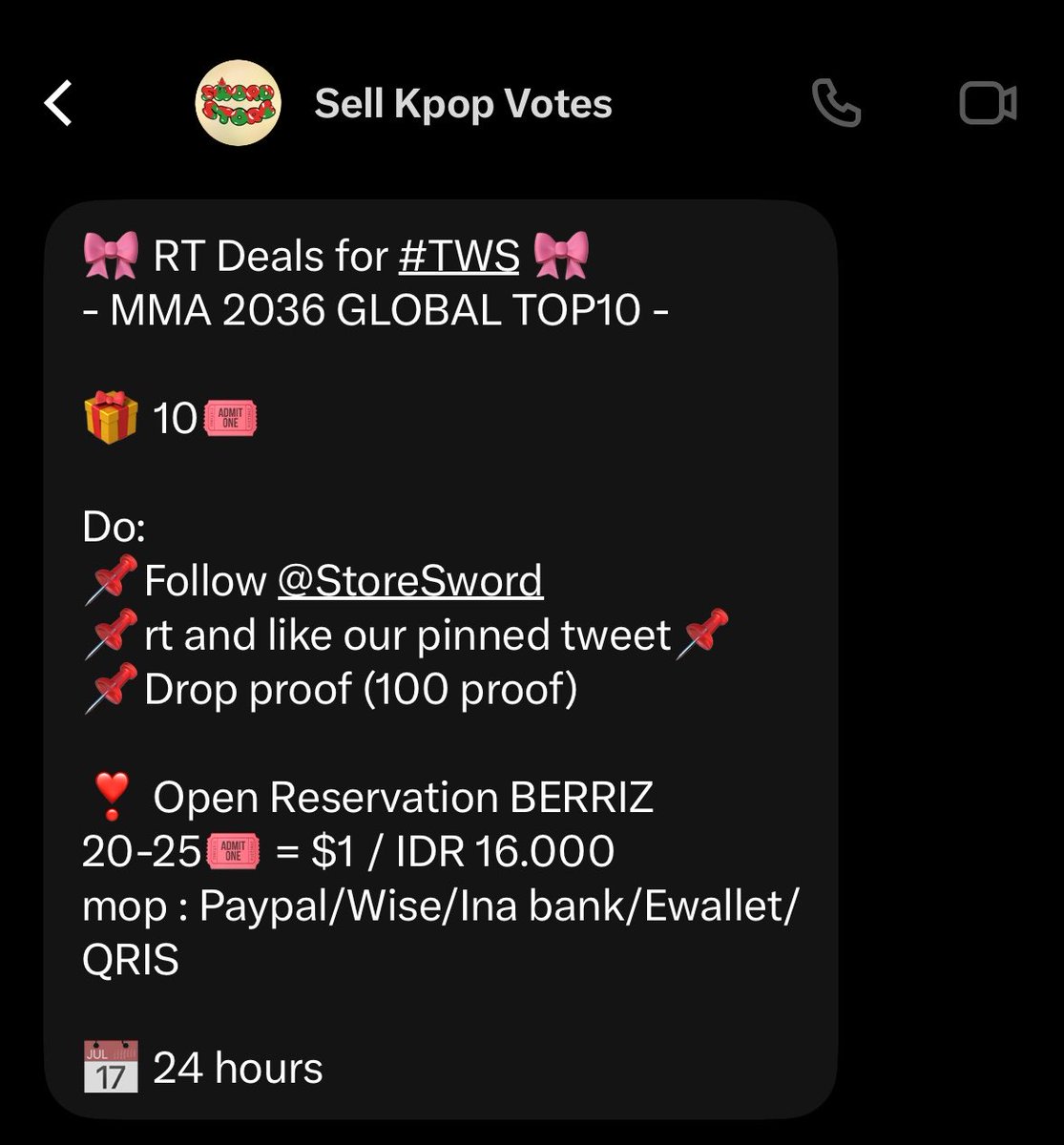 shinyuluvme's tweet photo. 🎀 RT Deals for #TWS 🎀
- MMA 2036 GLOBAL TOP10 -

🎁 10🎟

Do:
📌Follow @StoreSword
📌rt and like our pinned tweet📌
📌Drop proof (100 proof)

❣️ Open Reservation BERRIZ
20-25🎟 = $1 / IDR 16.000
mop : Paypal/Wise/Ina bank/Ewallet/QRIS

📅 24 hours https://t.co/eXbogMhwuy