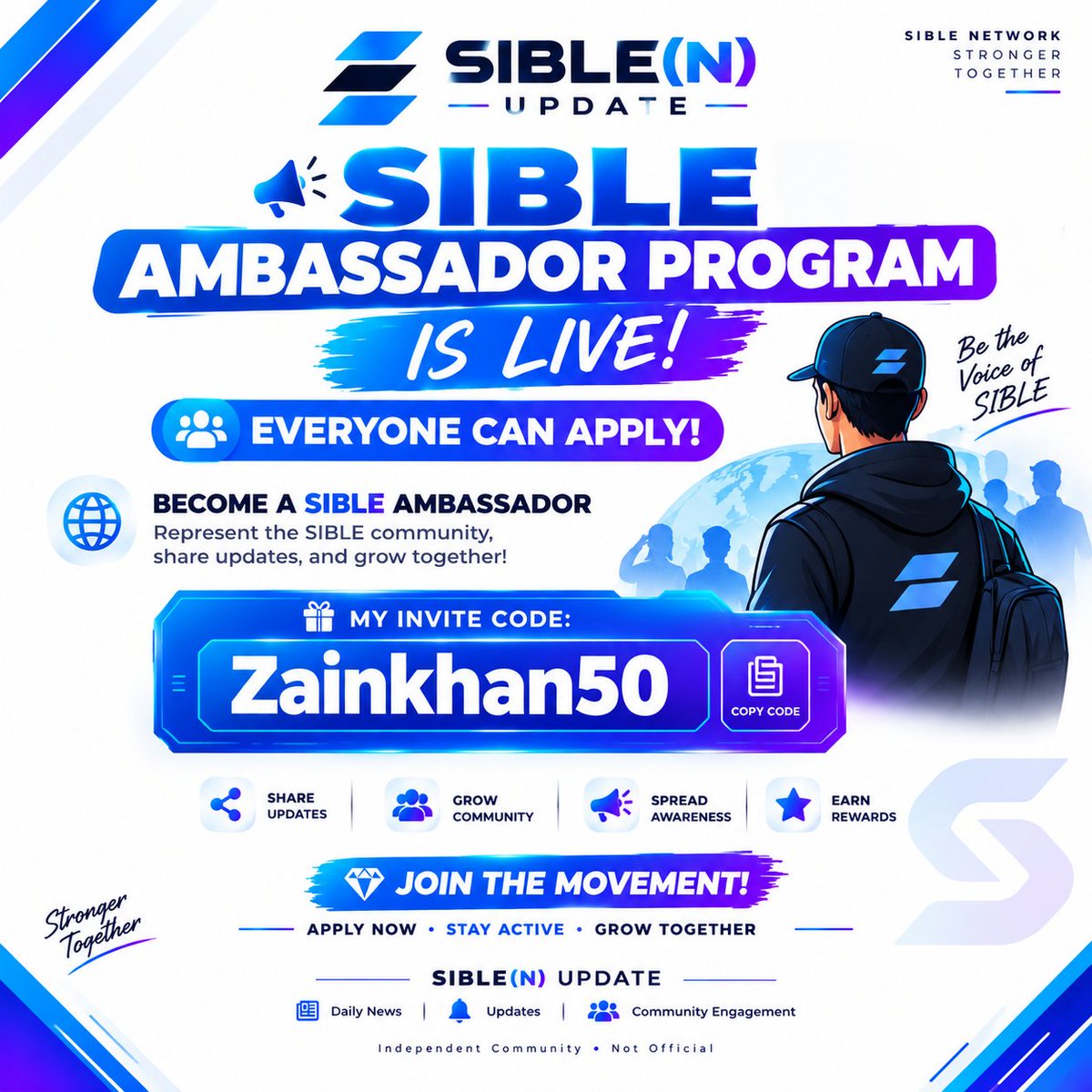 SibleUpdate's tweet photo. 🚀 BIG NEWS, SIBLE COMMUNITY! 💙

🔥 The SIBLE Ambassador Program is LIVE!

🌍 Want to become a SIBLE Ambassador?

🎁 Use My Invite Code: Zainkhan50

⚡ Apply Now • Grow Together!

Who's ready to become a SIBLE Ambassador? 👀🔥

#SIBLE #SIBLENetwork #AmbassadorProgram #Web3 https://t.co/LzBZeVjKcd