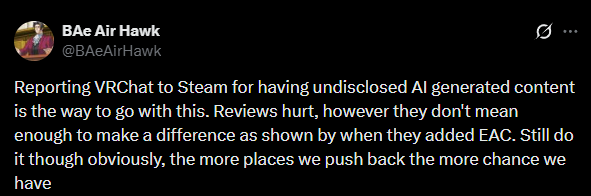 SDQTheEXTRASil's tweet photo. @The_Cute_Bot Quoting this homeboy here. We all need to start reporting them to Steam for this, as the CORE aspect of VRC, like Roblox, is content created by users. If users can use undisclosed AI content, then their core aspect is now heavily using undisclosed AI content. https://t.co/4XgiiqJj8I