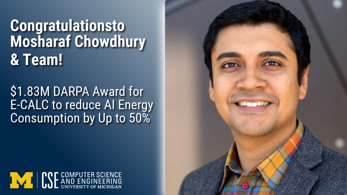 UMichCSE's tweet photo. Huge congrats to @UMichCSE Prof. @mosharaf Chowdhury & team on a $1.83M @DARPA award! ๐
Their E-CALC project aims to cut AI energy consumption by up to 50% across the ML lifecycle. ๐ก๐ฑ
๐ Link in comments!
#GreenAI #MachineLearning #DARPA #UMich https://t.co/CP3rkurHKA