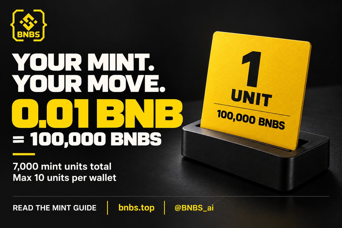 BNBS_ai's tweet photo. Your mint. Your move. 🟡

$BNBS Mint at a glance:
• 0.01 BNB = 100,000 BNBS
• 7,000 units total
• Max 10 units per wallet: 0.1 BNB = 1,000,000 BNBS
Read the guide before you start:
https://t.co/jZRgn7OlMS
#BNBS #BNB #Agent #AgentID #AI https://t.co/1HViz89ONM