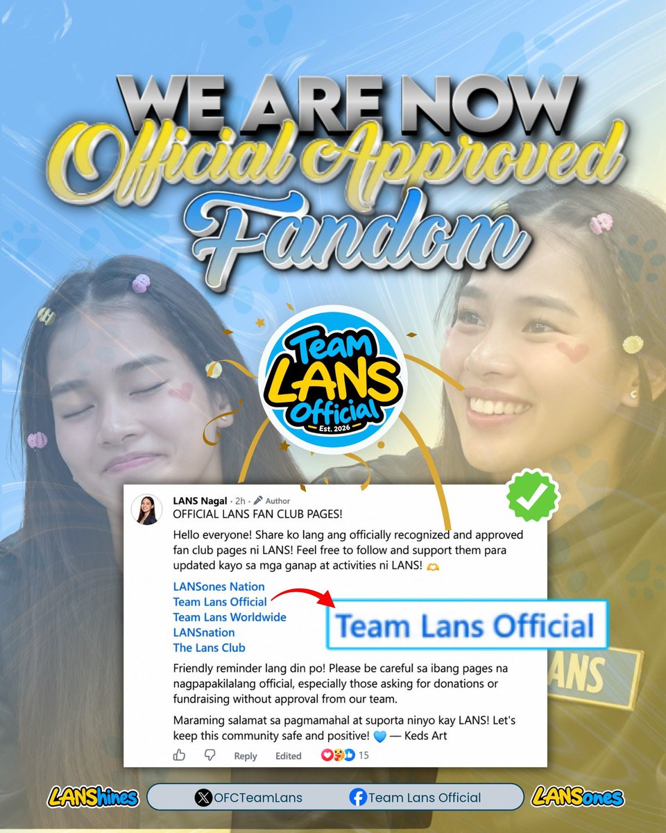 OFCTeamLans's tweet photo. 🥹💙💛 WHAT A WONDERFUL SURPRISE, LANS SHINES! ✨

Thank you “Lans Nagal Official Page” for recognizing and acknowledging our fan club, TEAM LANS OFC!🫶

This recognition is more than just an appreciation; it is a reminder that every effort, dedication, and love we pour into supporting LANS truly matters. We are beyond grateful to be part of this growing family of supporters!

To Keds, thank you so much for seeing us, appreciating our efforts, and giving Team Lans OFC this special recognition. It means the world to us! 💛

We will continue to stand together, create meaningful projects, spread positivity, and show our unwavering love and support for LANS.

ALL FOR LANS! 💙💛

#TeamLansOFC #LANShines #ThisIsLans #LansNagal