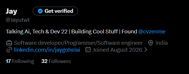 Jayutwt's tweet photo. 26 follower in hours... 🤯 

𝕏 has the best community on the internet.

If you are into AI,tech or into startups.

let's connect! https://t.co/QnJpeZUbRJ