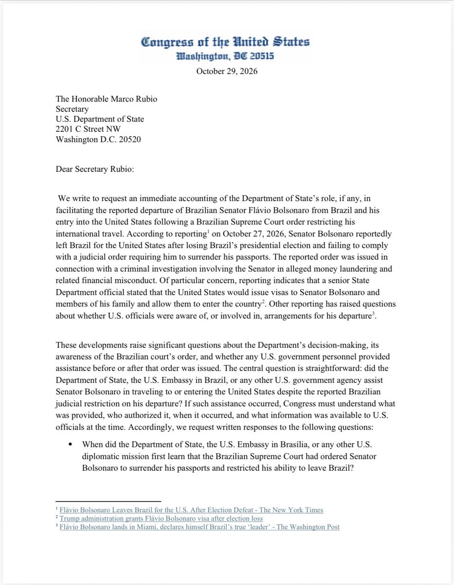 RepKamlagerDove's tweet photo. The American people deserve answers about why the Trump Administration is harboring an election denier and fraudster. 

@RepDinaTitus and I are leading a probe into how the State Department helped Flávio Bolsonaro flee Brazil and why he was granted a U.S. visa. https://t.co/JwGarQoaUh
