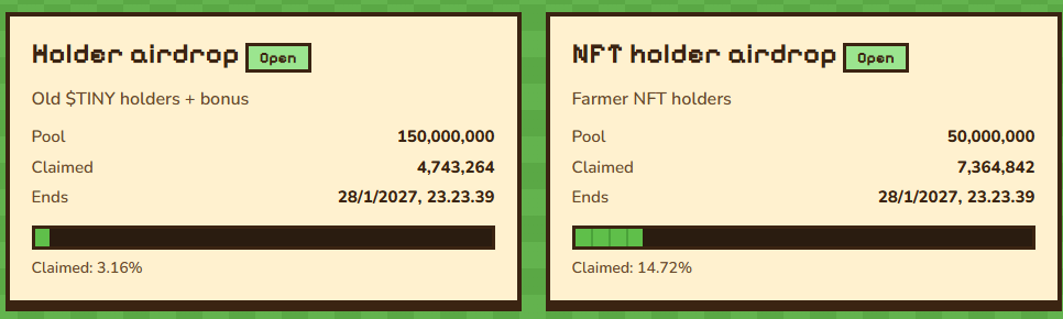 tiny_farming's tweet photo. Claim &amp; mint the new $TINY now 🌾

🎁 Airdrop for old $TINY + Farmer NFT holders
🪙 Fair mint with USDT, tiered price
💰 3% tax → treasury → bigger daily rewards

Claim: https://t.co/wLQiNVZYNc
Mint: https://t.co/Qu2KsWh6rA https://t.co/mlc0yWbLsq