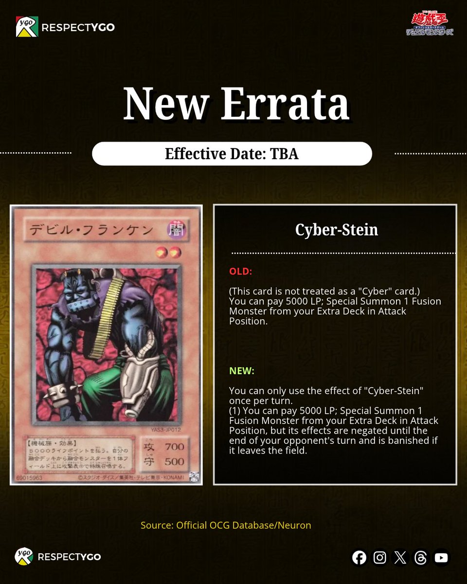 Respect_YGO's tweet photo. 'CYBER-STEIN ERRATA!' 

BREAKING: The classic forbidden card "Cyber-Stein" just received an erratum following its release in Original Artwork Duel Set. The new text reflects on the official OCG Database via Neuron.
Updated text:

このカード名の効果は１ターンに１度しか使用できない。
①：５０００LPを払って発動できる。EXデッキから融合モンスター１体を攻撃表示で特殊召喚する。この効果で特殊召喚したモンスターは、効果が相手ターン終了時まで無効化され、フィールドから離れた場合に除外される。

You can only use the effect of "Cyber-Stein" once per turn.
(1) You can pay 5000 LP; Special Summon 1 Fusion Monster from your Extra Deck in Attack Position, but its effects are negated until the end of your opponent's turn and is banished if it leaves the field.