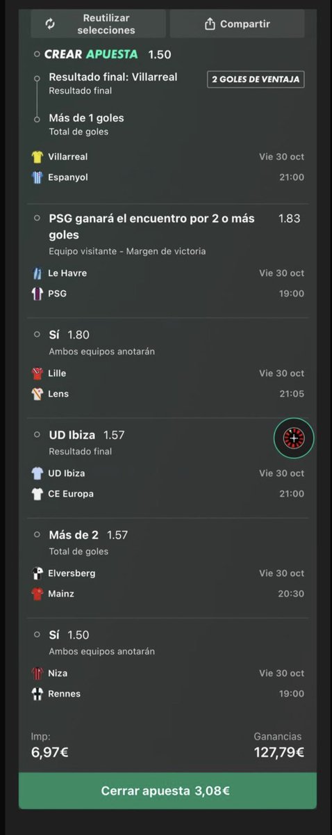 outkast_analist's tweet photo. Megacombi de viernes🥇
Vamos con esto para la tarde/noche de hoy🍀
Villarreal-Espanyol⌛️
Le havre-Psg⌛️
Lille-Lens⌛️
Ibiza-Europa⌛️
Elversberg-Mainz⌛️
Niza-Rennes⌛️ https://t.co/BpgPxdleR6