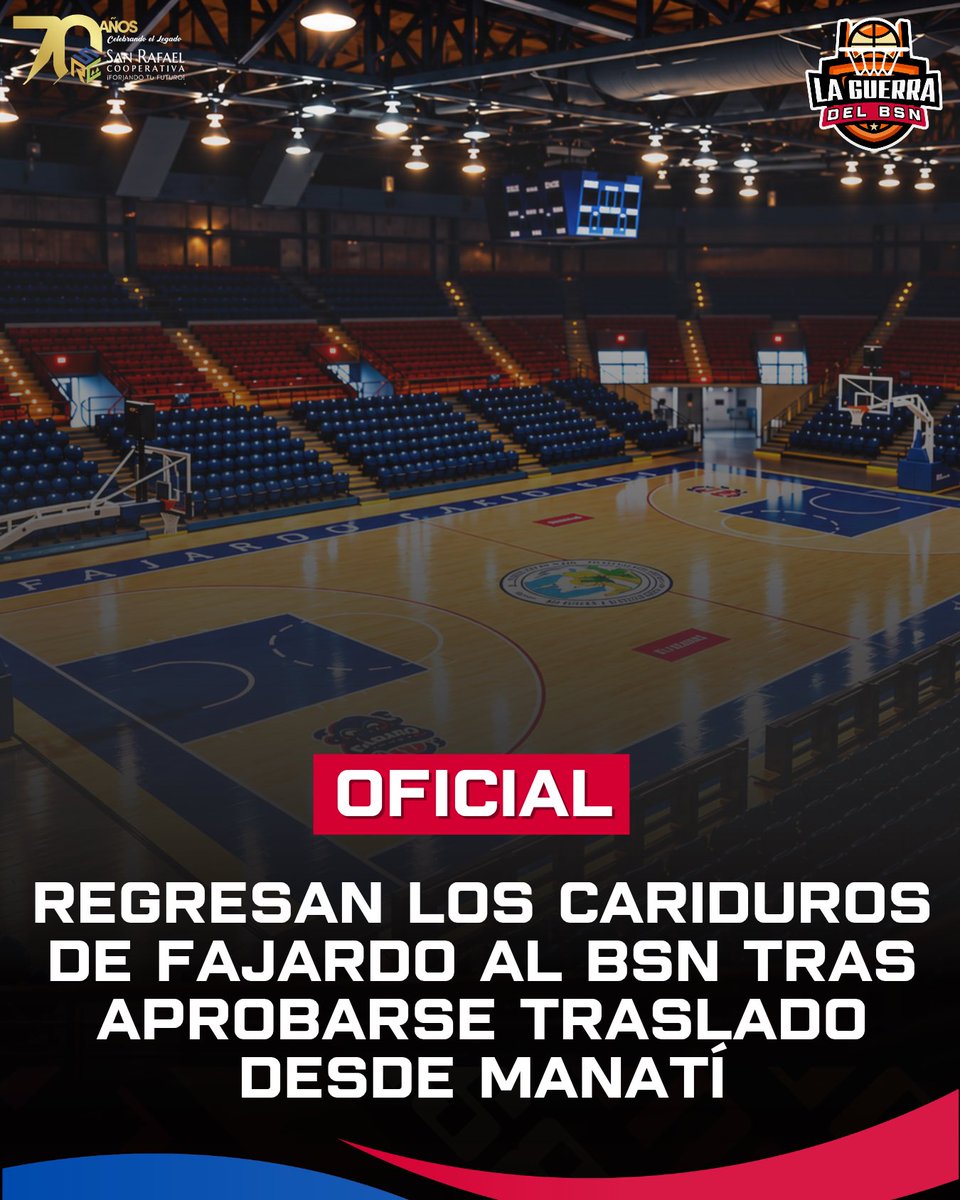 LaGuerraBSN's tweet photo. #BSNPR | 🚨 OFICIAL: LOS CARIDUROS DE FAJARDO REGRESAN AL BSN Y DESAPARECEN LOS OSOS

Los Cariduros de Fajardo regresan al BSN luego de que la Junta de Directores aprobara oficialmente la solicitud de traslado de la franquicia de los Osos de Manatí al Municipio de Fajardo, de cara a la temporada 2027.

🏀 Fajardo vuelve a la liga tras tres temporadas de ausencia. Los Cariduros jugaron por última vez en 2023, antes de que la franquicia se trasladara a Aguada para el regreso de los Santeros en 2024.

🐻 Los Osos llegaron al BSN en 2023, cuando Ozuna adquirió la franquicia de los Brujos de Guayama y la trasladó a Manatí. 

Con la aprobación, los Cariduros jugarán como locales en el Coliseo Tomás Dones a partir de la próxima temporada, mientras que los Osos de Manatí desaparecen del BSN.

¡Bienvenidos fanáticos Cariduros! ⭐️