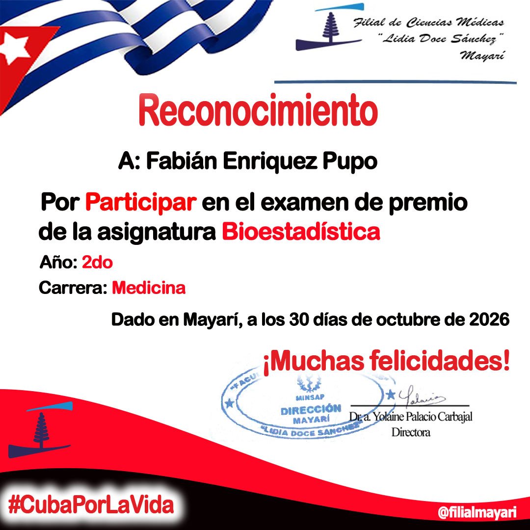 filialmayari's tweet photo. 📢🌲 Resultados Examen de Premio Bioestadística

🌲🩺 Estudiantes de 2do año Medicina, Filial de Ciencias Médicas #Mayarí, reciben reconocimiento por su participación en examen de premio de la asignatura Bioestadística. ¡👋 Muchas felicidades 👋! 👌🌲

#CubaPorLaVida  🇨🇺  #Fcmay https://t.co/9BLNl5r3K0
