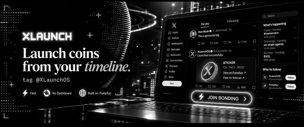 XlaunchOS's tweet photo. XLaunch Agent is live.

FkdPYXo29eNsFrTLhjEM9VyZiNXvV9P7JZu72v5bpump

Tag @XlaunchOS under any post on X and it launches a Solana coin from it: name, ticker, image, done. It replies with the receipt, and you never leave the thread.

After launch you run it the same way. Reply to buy, sell, buy back, burn or airdrop, and every action is posted publicly with its transaction.

Holders get a say too. When enough verified holders reply asking for a buyback or burn, the agent executes it within hard limits, no dev needed.

Memes start on X. Now coins do too.
https://t.co/P8LW0u5aaU