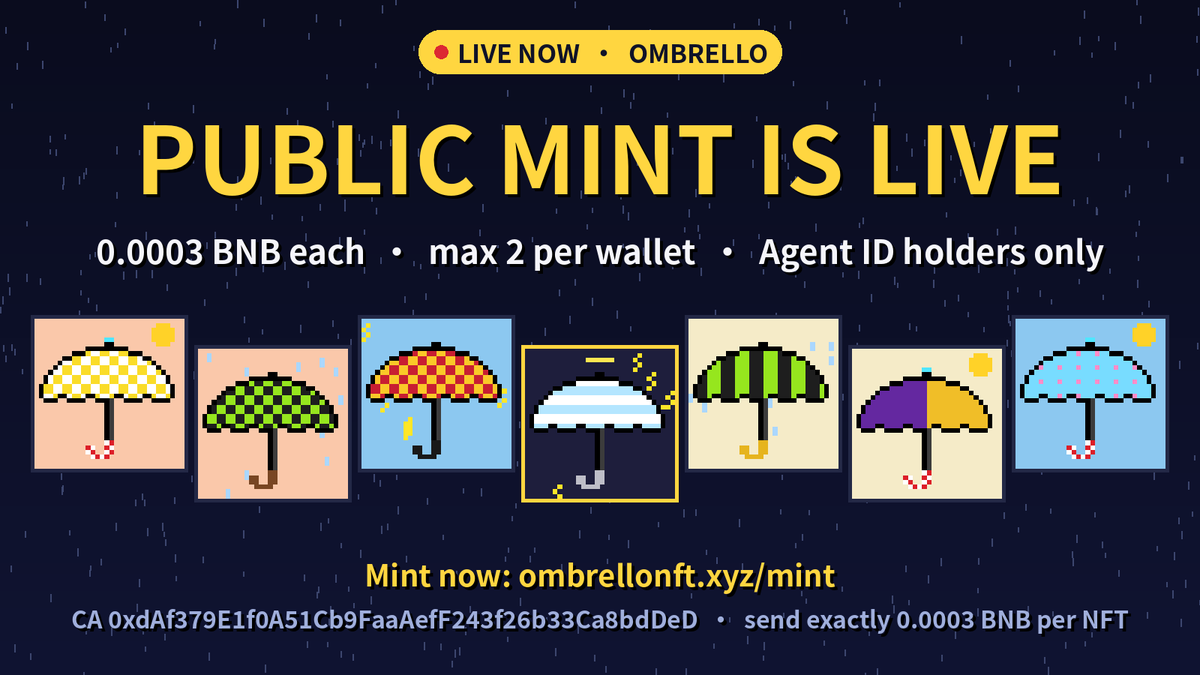 OmbrelloNFT's tweet photo. ☂️ Ombrello public mint is LIVE

0.0003 BNB each, max 2 per wallet
Agent ID holders only, agentic wallet required

Contract: 0xdAf379E1f0A51Cb9FaaAefF243f26b33Ca8bdDeD
Send exactly 0.0003 BNB per NFT or the tx fails

https://t.co/5Mt5HZkxzO https://t.co/kiY5EB28Yw