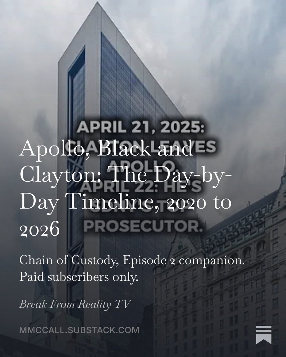 BrkFrmRealityTV's tweet photo. April 21, 2025: Jay Clayton's Apollo board resignation takes effect. April 22: he becomes interim U.S. Attorney for SDNY. Apollo's own review found co-founder Leon Black paid Epstein $158M. Chain of Custody Ep. 2, all sourced. #ChainOfCustody https://t.co/WsssiH1LQ8