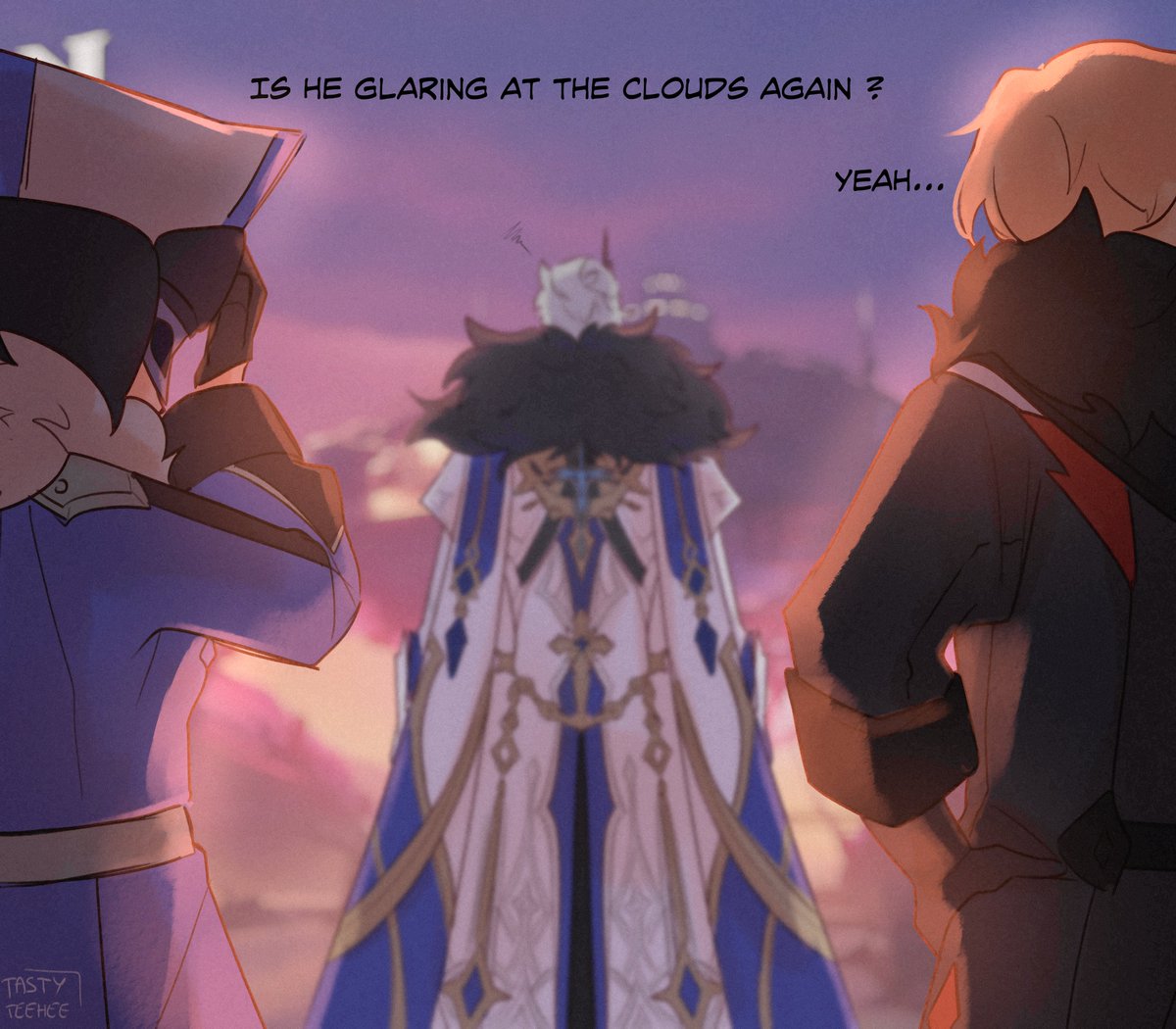 Tastyteehee's tweet photo. Been thinking about that for a while.. during the trailer you see two Fatui guards standing behind him, do you think they're just awkwardly waiting for peepaw to be done staring at the sky ?

#genshin #pierro https://t.co/kO8vDV6e2X