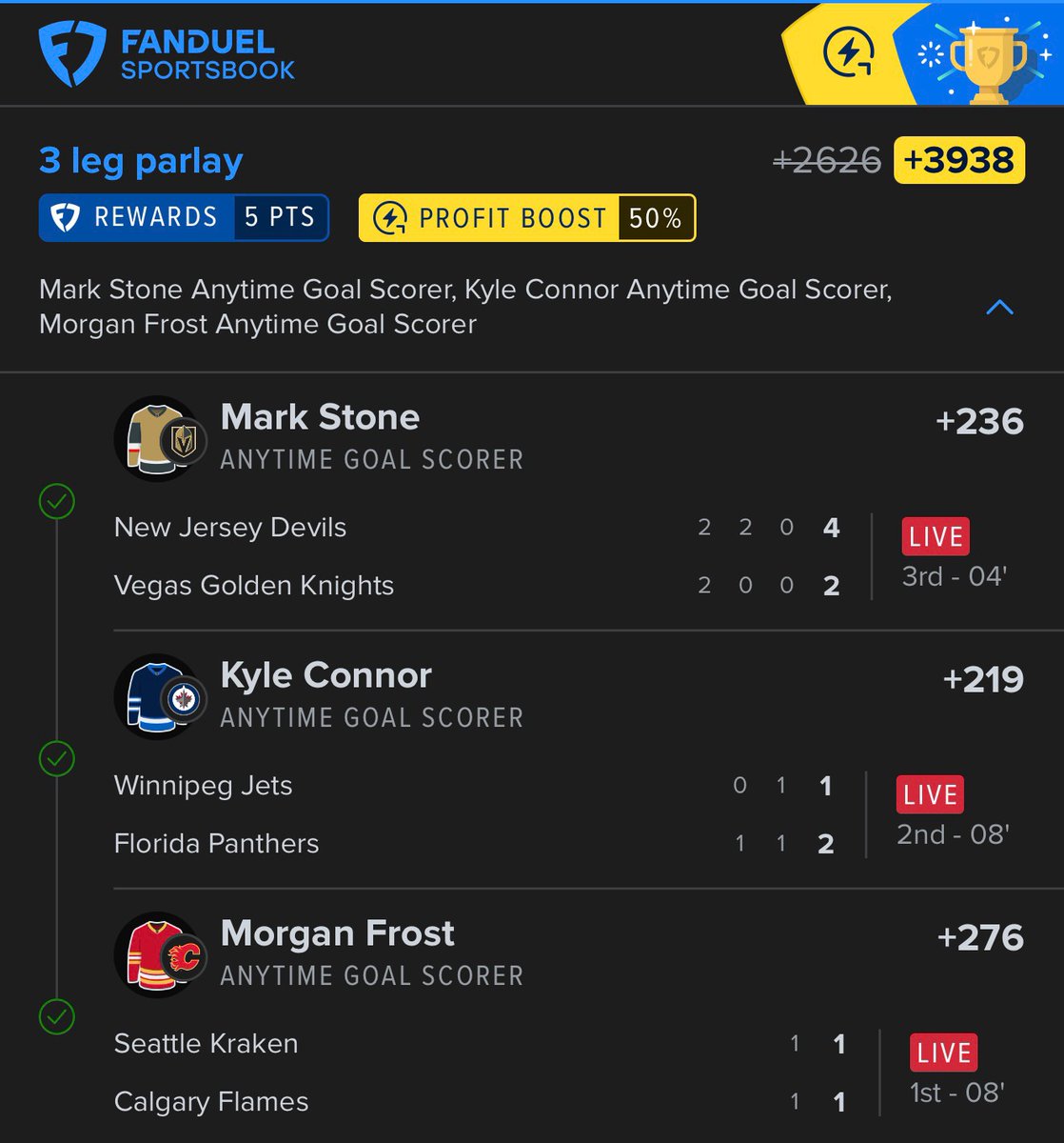 Queen_of_Props's tweet photo. CASHED 👑🏒 NHL Anytime Goal Scorer Parlay WON tonight!
Mark Stone, Kyle Connor &amp; Morgan Frost all scored anytime | +2626
Call me crazy, it already hit ✅
#NHL #NHLPicks #AnytimeGoal #Parlay #QueenOfProps https://t.co/R5L9jqdILC
