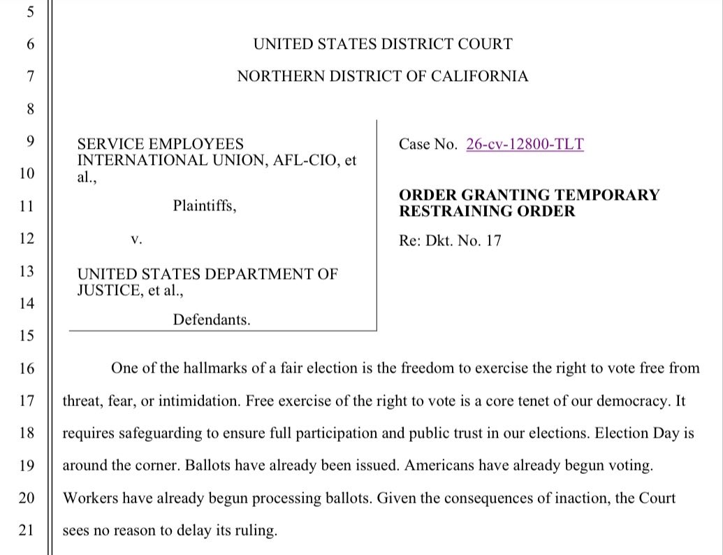 JoyceWhiteVance's tweet photo. An extraordinary order: DOJ “shall not threaten, intimidate or coerce state or local elections officials or workers to demand that they halt processing the ballots of any registered voter solely on the basis that the ballot” is someone DOJ says may not be a citizen https://t.co/r6kp4Di0Ou