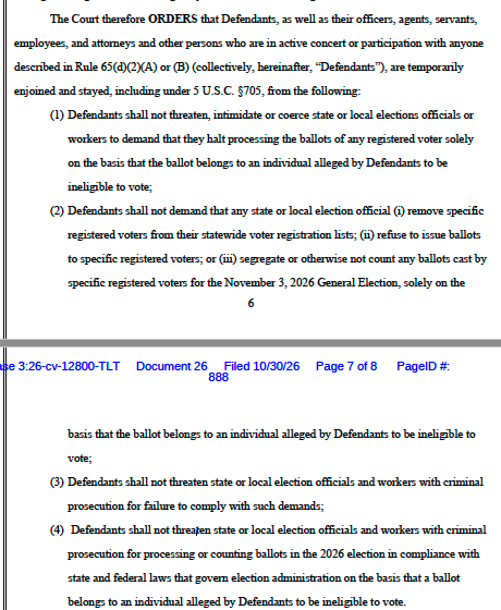 rgoodlaw's tweet photo. Just in: Federal court orders:

DOJ "shall not threaten state or local election officials and workers with criminal prosecution for processing or counting ballots in the 2026 election."

Also prohibits other forms of attempted intimidation, threats, coercion. https://t.co/a3QZP9FmGp