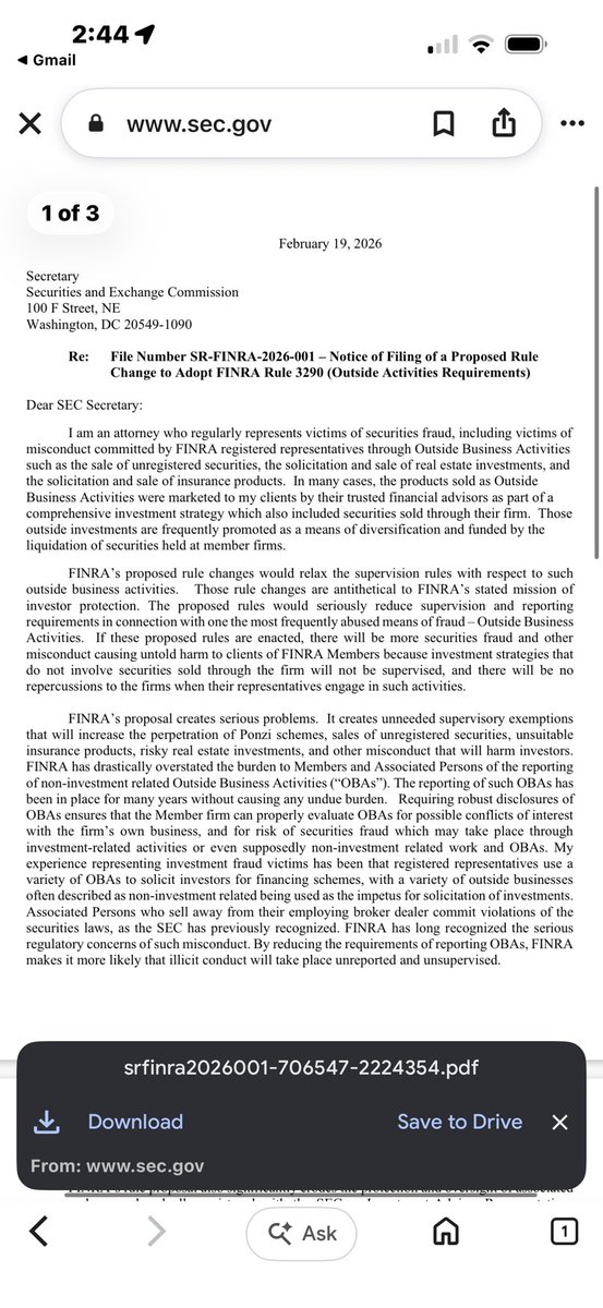 rattletrap1776's tweet photo. A letter from an Attorney to the SEC in February 2026 about how many clients she’s receiving due to frauds like Phil and Brad 📌

SEC:
https://t.co/TONvkK9FW5 https://t.co/ACpcy5SEXk