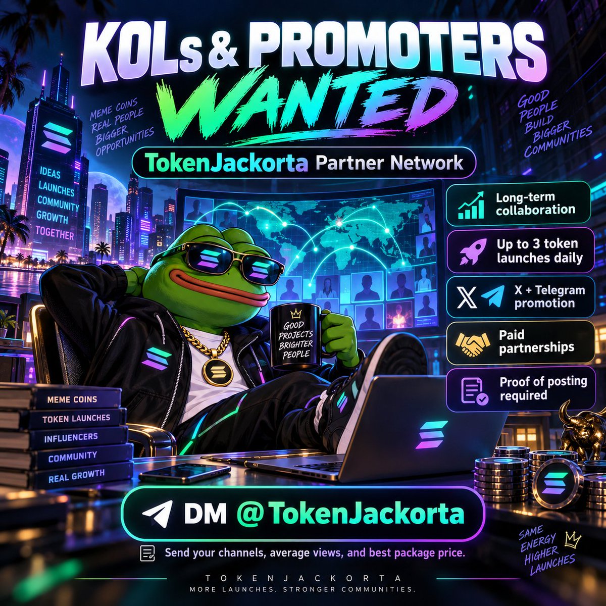 TokenJackorta's tweet photo. 🚀 CRYPTO KOLs & PROMOTERS WANTED! 🤝

TokenJackorta is building a long-term Solana Meme Coin Promotion Network! 🐸

🤖 AI-powered token launches
🚀 Up to 3 token launches daily
🤝 Recurring collaboration opportunities
💰 Paid promotional partnerships
We're looking for X and Telegram promoters interested in working with us regularly.
✅ Pre-launch posts
✅ Launch posts with official CA
✅ Telegram & community promotion
✅ Clear, fixed package pricing
✅ Proof of posting (links/screenshots)
🔥 Not just one token — we're building long-term relationships!

📩 DM us your channels, average views and best package price.

No hidden fees. Genuine promotion only.
#Solana #KOL #CryptoMarketing #PumpFun