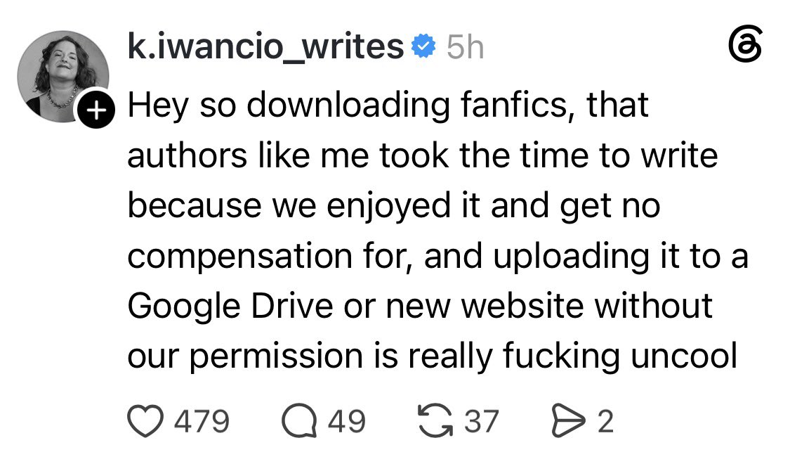 addinavi's tweet photo. I’m sorry but acting like people are stealing from you for downloading fics are insane. If you’re a real fanfic writer, you’re in it for the love of the game and you’re not policing how people are enjoying your writing. If you’re in it for the kudos, this isn’t the hobby for you. https://t.co/SGgwULESY4