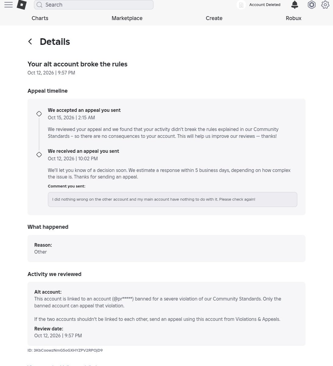 caeserbigdaddy's tweet photo. @Roblox look at this. Even if I was stacked ban, but it should be gone by now. I appealed on 12th Oct for the first one and got accepted. Until 15th Oct, I realize I still banned so I appeal for that ban stacked. Got accepted again. Please reinstate [prayfrursins]. 
#ROBLOX https://t.co/jK29NFsOk0