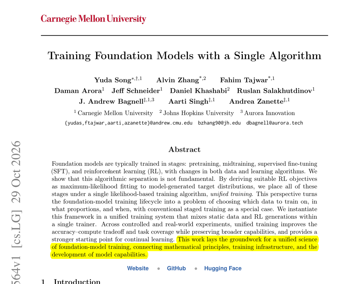 rohanpaul_ai's tweet photo. The separate stages of AI training can collapse into a single method.

New Carnegie Mellon paper shows that pretraining, fine-tuning, and RL can share a single training rule, and blending their data often beats separate stages.

LLMs are usually trained in stages: pretraining, midtraining, fine-tuning, then RL, each with its own algorithm. Hard switches between stages can also erase earlier skills.

The authors recast a form of RL called MaxRL as likelihood training on the model's own correct answers. That lets one trainer mix pretraining text, curated data, and RL samples in any proportion over time.

On reasoning puzzles with a 124M model, the best blended runs beat the best staged run and kept general skills better. After later coding RL, a 0.76B model that blended in 5% midtraining data during math RL reached 32.69% on MBPP+, versus 29.81% for staged training.

Treat your training pipeline as a data-mixing schedule, and try blending earlier data into RL instead of switching stages abruptly.
