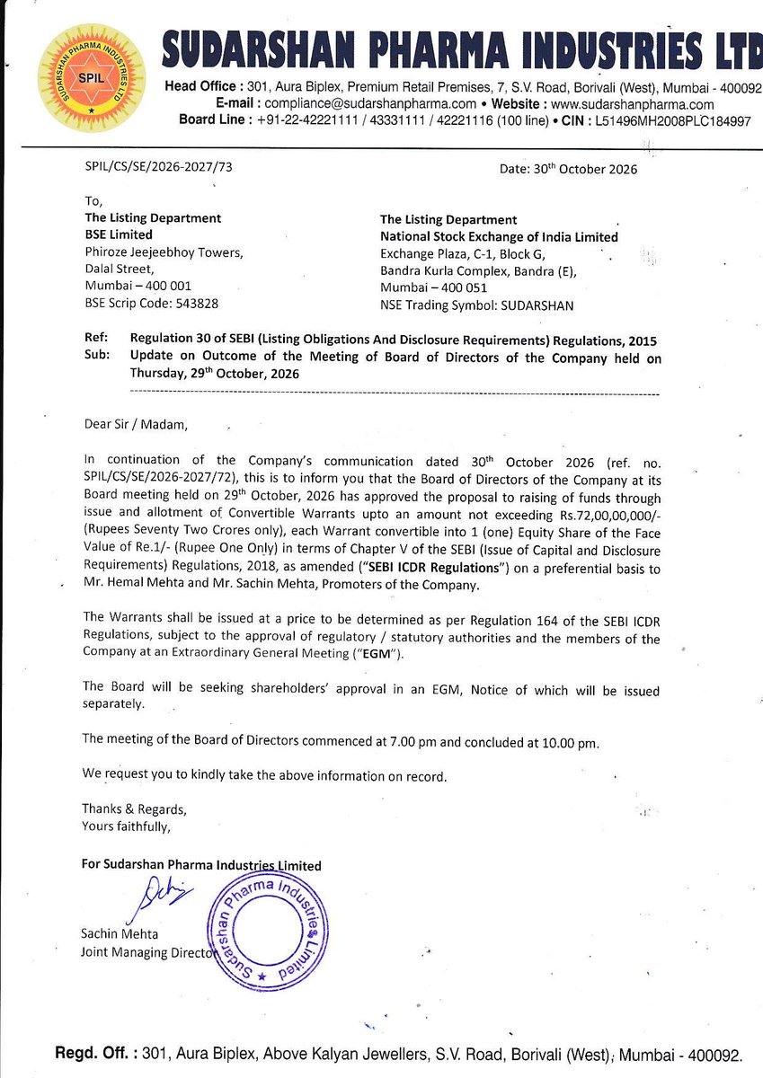 AlfafinderIndia's tweet photo. Sudarshan plans ₹72 Cr promoter warrant issue, 8% of market cap ⚡
#SUDARSHAN #FundRaise https://t.co/IQ1XAEucUT