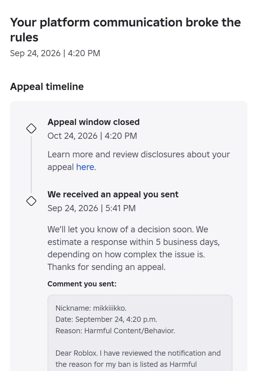mikkiiikko's tweet photo. day 38. my account is still permanently banned. I can't get a proper response from support to my questions. I described in detail the whole situation with my banned account, providing evidence for my words. But they still don't care. @Roblox #robloxbanwave #robloxsupport https://t.co/zkUeKLMnjS