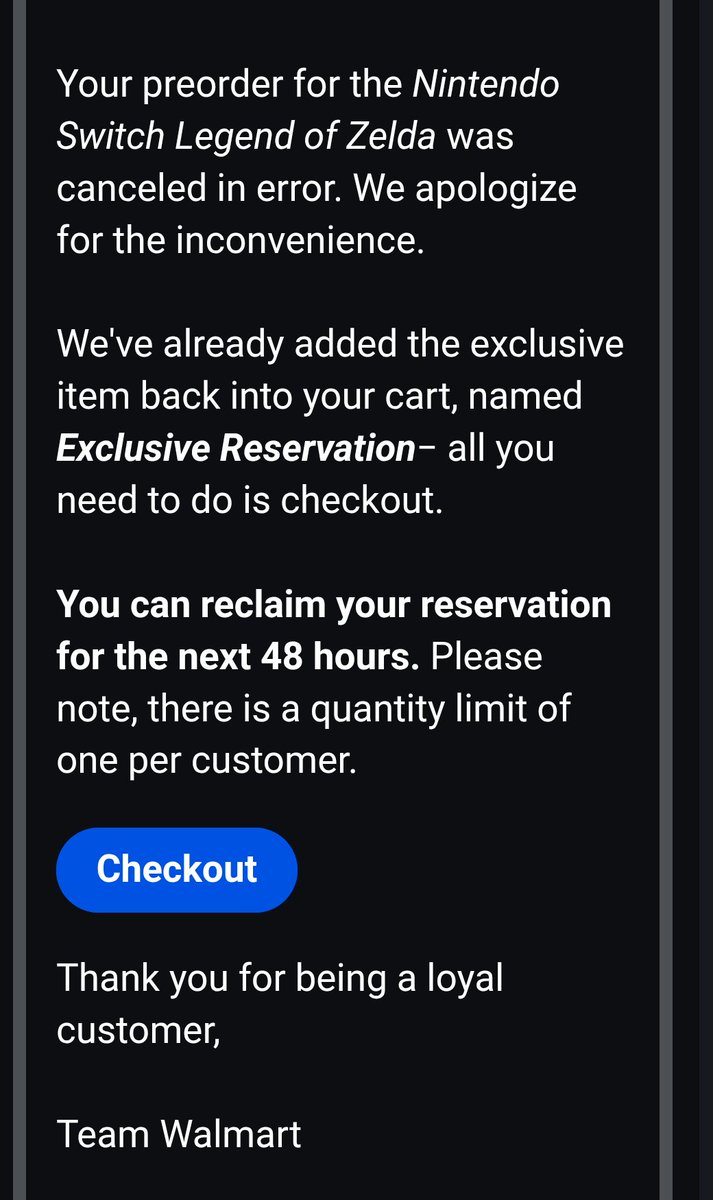 Wario64's tweet photo. People who got Zelda Switch 2 console cancellations from Walmart can reorder the console within the next 48 hours. Check your cart/email. Checkout page: https://t.co/MvcHKzUK0i #ad 

They also are sending a $519 Walmart gift card for the inconvenience, essentially making the Switch 2 console free