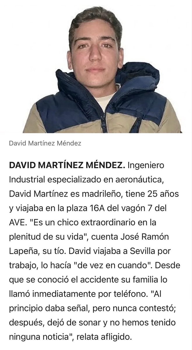 carlosAtMad's tweet photo. La Guardia Civil ha confirmado el fallecimiento de David Martínez Méndez a sus familiares.
Un alma más que se suma al Tercer Anfiteatro. 
D.E.P. David 
@Atleti @pipiemmf 
#AccidenteFerroviario #AVE #Iryo #Urda #DavidMartinezMendez #ADIF https://t.co/riHGPMyv8j