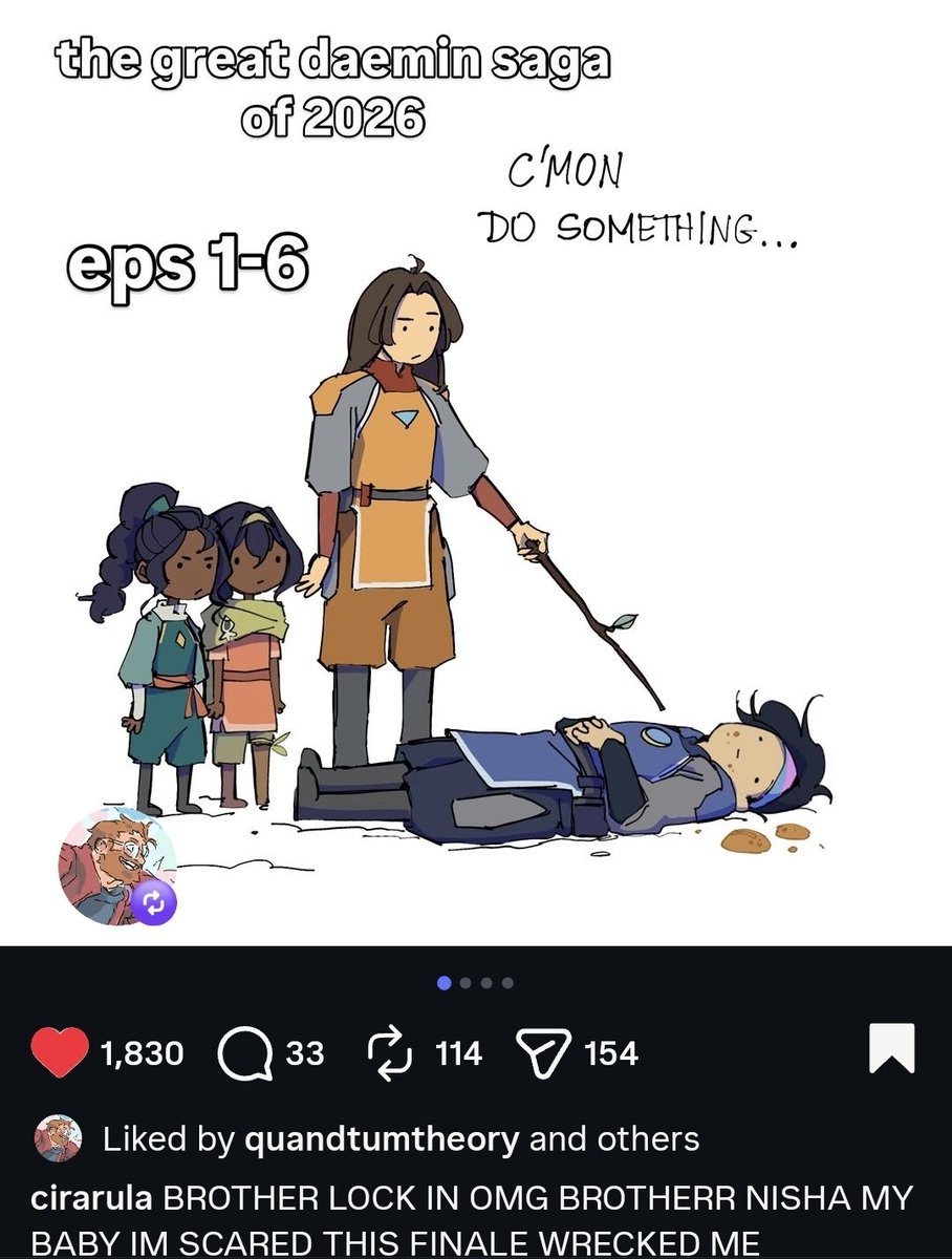 bupibopsicle's tweet photo. The story editor of avatar seven havens confirmed their is more of daemin to come! he commented on the daemin artwork

also the VA of daemin(Darren Barnett) responded to the confirmation of season 3 and 4 being green lit! I have faith in daemin!!
#AvatarSevenHeavens #daemin https://t.co/7oKaaO2UKp