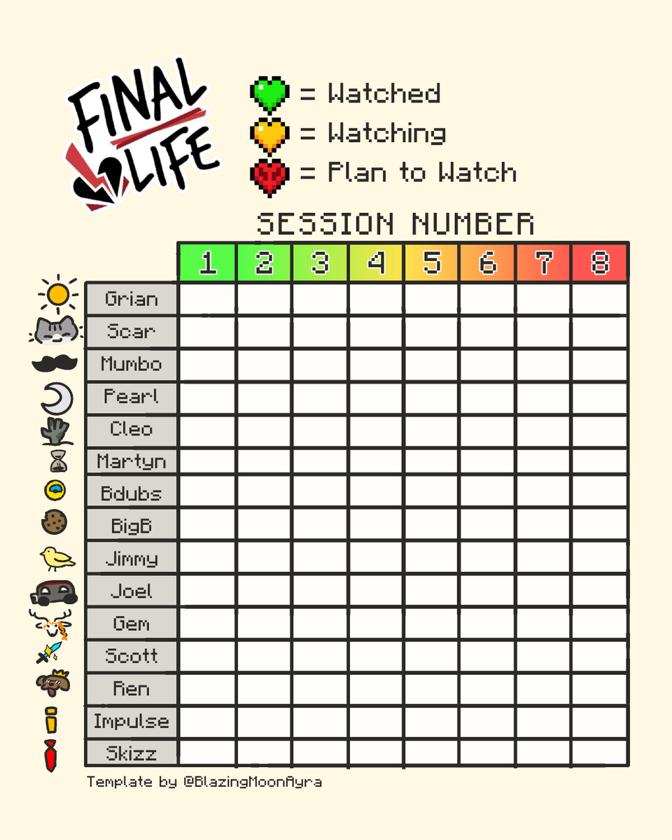 BlazingMoonAyra's tweet photo. Made a episode watchlist template for people to use! 
#finallife https://t.co/5ed6gbxPIr