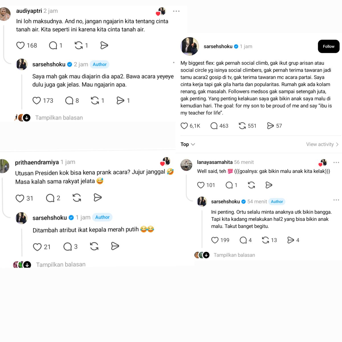 seduhtehnya's tweet photo. Sarah Sechan ngerasa ada yang JANGGAL dari klarifikasi Raffi Ahmad soal acara Sumpah Pemuda di Bundaran HI 29 Oktober kemarin.

Dia nyentil klarifikasi Raffi yang bilang cuma diundang dan nggak tahu detail acaranya. Padahal di acara itu menurut Sarah, Raffi keliatan kayak spokesperson.

Sarah bilang kalo dia sendiri diminta jadi pembawa acara pasti selalu tanya detail dulu, mulai dari siapa yang bikin, konsep acara, siapa yang hadir, rundown, sampai siapa pengisinya.

Jadi nggak semua acara Sarah bisa terima. Lalu dia nanya sarkas ke Raffi, "Jadi maksudnya Anda kena PRANK?"

Sarah lanjut ngebahas soal prank itu. Kalo emang kena prank harusnya pas sampai di lokasi langsung keliatan siapa aja yang hadir.

Dia bisa tanya mereka yang ngaku mahasiswa itu dari kampus mana. Kalau ternyata bukan mahasiswa harusnya langsung ketahuan.

Tapi menurut Sarah, Raffi tetap ikut acaranya dan teriak "hidup mahasiswa!". Padahal bisa banget mutusin buat pergi dan itu namanya integritas.

Di kolom komentar, netizen nimbrung bilang heran kok Utusan Presiden kayak Raffi bisa kena prank acara sih. Sarah bales sambil ketawa nyeletuk soal atribut ikat kepala merah putih.

Di postingan terpisah, Sarah cerita soal "biggest flex"-nya. 

Dia nggak pernah social climbing dan nggak ikut grup arisan atau lingkaran pertemanan yang isinya social climber. Sarah juga nggak pernah terima tawaran jadi tamu acara gosip di TV apalagi jadi MC acara partai.

Dia cinta kerja tapi nggak gila harta dan popularitas. Rumahnya nggak ada kolam renang, followers medsosnya nggak sampai setengah juta dan buat dia itu nggak masalah.

Yang penting kelakuannya nggak bikin anaknya malu, biar anaknya bisa bangga dan bilang "ibu is my teacher for life". 

Dari sarkas soal kena prank sampai prinsip hidup, Sarah Sechan nih jadi bukti kalo vokal itu nggak harus ngegas yang penting isinya kena. Mantaphhh!!