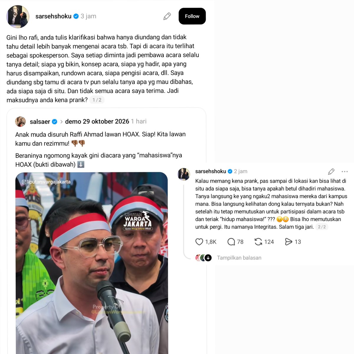 seduhtehnya's tweet photo. Sarah Sechan ngerasa ada yang JANGGAL dari klarifikasi Raffi Ahmad soal acara Sumpah Pemuda di Bundaran HI 29 Oktober kemarin.

Dia nyentil klarifikasi Raffi yang bilang cuma diundang dan nggak tahu detail acaranya. Padahal di acara itu menurut Sarah, Raffi keliatan kayak spokesperson.

Sarah bilang kalo dia sendiri diminta jadi pembawa acara pasti selalu tanya detail dulu, mulai dari siapa yang bikin, konsep acara, siapa yang hadir, rundown, sampai siapa pengisinya.

Jadi nggak semua acara Sarah bisa terima. Lalu dia nanya sarkas ke Raffi, "Jadi maksudnya Anda kena PRANK?"

Sarah lanjut ngebahas soal prank itu. Kalo emang kena prank harusnya pas sampai di lokasi langsung keliatan siapa aja yang hadir.

Dia bisa tanya mereka yang ngaku mahasiswa itu dari kampus mana. Kalau ternyata bukan mahasiswa harusnya langsung ketahuan.

Tapi menurut Sarah, Raffi tetap ikut acaranya dan teriak "hidup mahasiswa!". Padahal bisa banget mutusin buat pergi dan itu namanya integritas.

Di kolom komentar, netizen nimbrung bilang heran kok Utusan Presiden kayak Raffi bisa kena prank acara sih. Sarah bales sambil ketawa nyeletuk soal atribut ikat kepala merah putih.

Di postingan terpisah, Sarah cerita soal "biggest flex"-nya. 

Dia nggak pernah social climbing dan nggak ikut grup arisan atau lingkaran pertemanan yang isinya social climber. Sarah juga nggak pernah terima tawaran jadi tamu acara gosip di TV apalagi jadi MC acara partai.

Dia cinta kerja tapi nggak gila harta dan popularitas. Rumahnya nggak ada kolam renang, followers medsosnya nggak sampai setengah juta dan buat dia itu nggak masalah.

Yang penting kelakuannya nggak bikin anaknya malu, biar anaknya bisa bangga dan bilang "ibu is my teacher for life". 

Dari sarkas soal kena prank sampai prinsip hidup, Sarah Sechan nih jadi bukti kalo vokal itu nggak harus ngegas yang penting isinya kena. Mantaphhh!!