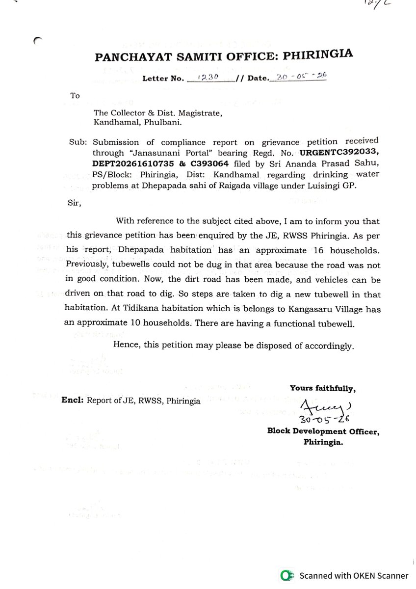 DMKandhamal's tweet photo. @pradipkumar789 @CMO_Odisha @PRDeptOdisha @RWSS_Phulbani The   grievance has been disposed off with appropriate action. https://t.co/kibj9Nd3A4