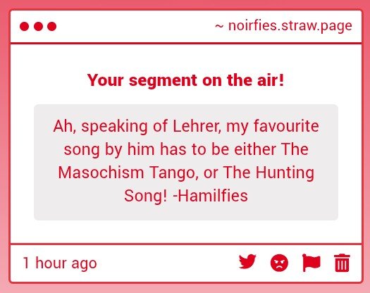 noirfies's tweet photo. 📻 ılıılıılıılıılıılı

ᯤ I have heard these song before.
ᯤ Very nice music.
ᯤ Perhaps I will expand my knowledge on Lehrer. https://t.co/33jOLP3uXU