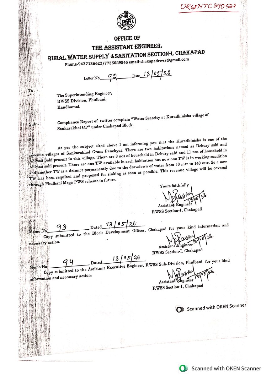 DMKandhamal's tweet photo. @JSMKandhamal @RWSS_Phulbani @PsChakapad @RWSS_Odisha @CMO_Odisha @12_baje The   grievance has been disposed off with appropriate action. https://t.co/kIQp2zSEZm