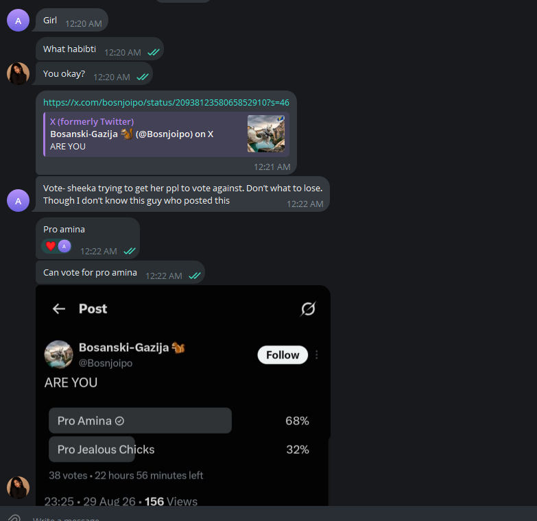 ShayReceipts's tweet photo. Thread post
Funny how she claims she ghosted me when I was the one who left her on read.begged me to help file a report against a guy she claimed doxxed her,asked for my vote,tried desperately to stop TS from going back to him because she feared the truth would get back to him https://t.co/hqSt7zVa77
