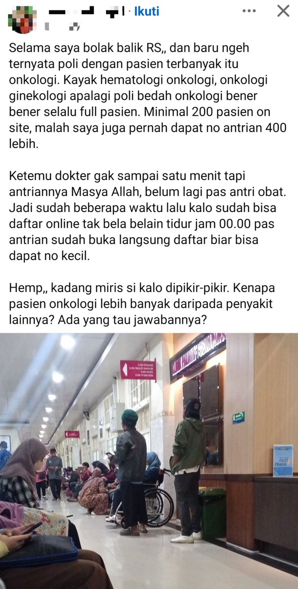 NakesPuskesmas's tweet photo. Memang menyedihkan sih angka kasus kanker di Indonesia yang trennya terus meningkat tanpa pandang umur. Ditengarai saat ini, ada 1,02 juta orang hidup dengan diagnosis kanker di Indonesia.

Ada 5 jenis kanker terbanyak di Indonesia:
1. Kanker payudara = 66.271 kasus
2. Kanker paru = 38.904 kasus
3. Kanker serviks = 36.964 kasus
4. Kanker kolorektal = 35.676 kasus
5. Kanker hati = 23.805 kasus

Selain harus menahan sakit, makin nambah lagi beban penderita kanker juga karena di Indonesia memang dokter spesialis onkologi itu masih terbatas di RS Besar, sehingga antriannya selalu membludak.

Semoga jadi pengingat buat kita juga untuk lebih selektif memilih makanan/minuman dan sempatin buat rutin olahraga juga.