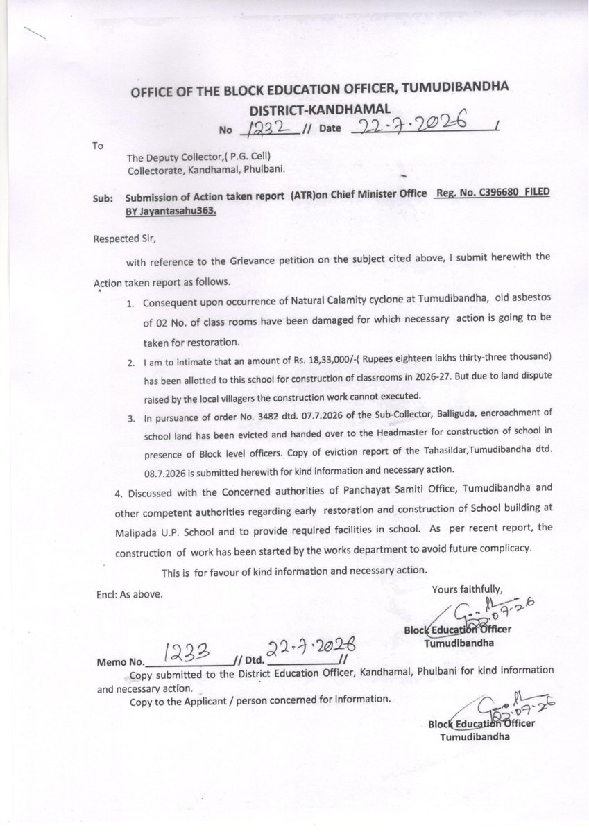 DMKandhamal's tweet photo. @jayantasahu363 @CMO_Odisha @SecyChief @SRC_Odisha @PRDeptOdisha @SMEOdisha @NityanandaBJP @bdo_ps @rdmodisha @IPR_Odisha The   grievance has been disposed off with appropriate action. https://t.co/cBsMrtHX0b