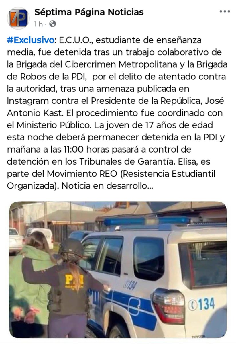 ElHiloCL's tweet photo. 🚨 URGENTE

🔷 Reportan la Detención de una Menor de Edad (17 años) en la Comuna de Linares por "Ofensas al Presidente José Antonio Kast" en Instagram (META denunciando a la PDI)

🔷 La Joven es parte de la Orgánica Estudiantil Secundaria de la Comuna de Linares

CHILE CAMINANDO A PASOS AGIGANTADOS HACIA UNA DICTADURA

#RenunciaRabat 
#RenunciaKast
#KastNoSabeGobernar 
#KastLiberaAbusadores
