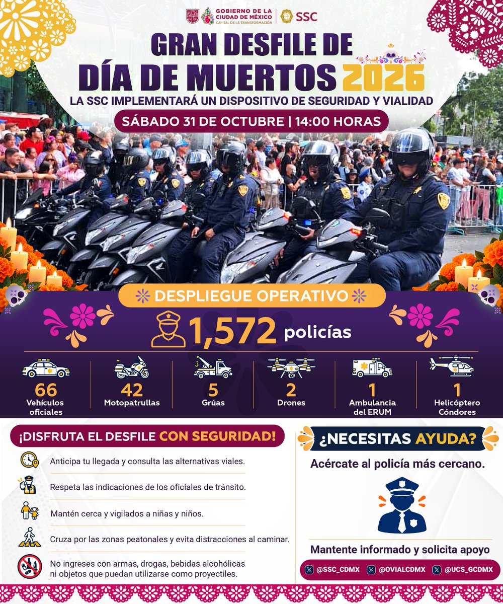 SSC_CDMX's tweet photo. #BoletínSSC | #OPERATIVO | #DíaDeMuertos | Con motivo del Gran #Desfile del Día de Muertos 2026, que se llevará a cabo este sábado 31 de octubre a las 14:00 horas, la #SSC implementará un dispositivo de seguridad y vialidad para salvaguardar la integridad física de las y los asistentes, así como de los participantes.

Para estas acciones se desplegarán mil 572 oficiales, apoyados de 66 vehículos oficiales, 42 motopatrullas, dos drones, cinco grúas, una ambulancia del #ERUM y un helicóptero de #Cóndores, desde el cual se realizarán sobrevuelos de supervisión, disuasión y prevención a lo largo del recorrido y hasta la conclusión de las actividades.

El desfile comenzará a las 14:00 horas en la Puerta de los Leones del Bosque de Chapultepec y continuará por la avenida Paseo de la #Reforma, la avenida #Juárez y el #EjeCentral Lázaro Cárdenas, para incorporarse a la calle 5 de mayo y concluir en el #Zócalo capitalino. https://t.co/vwdzmBY6uf