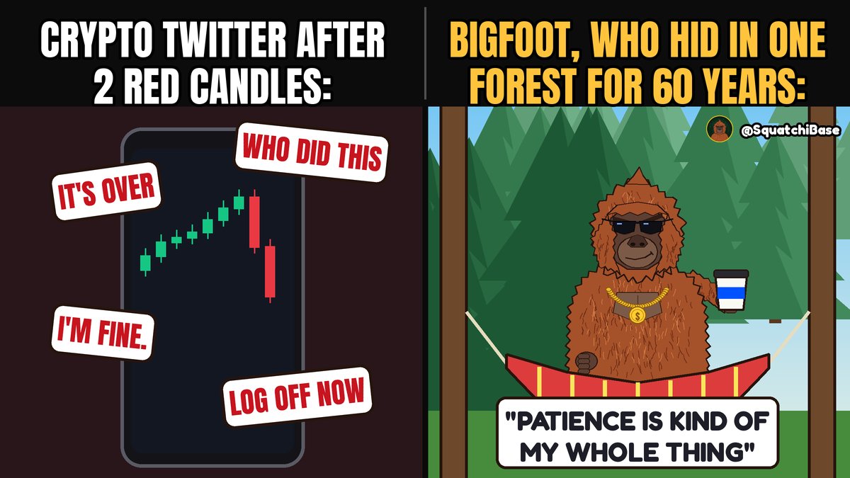 SquatchiBase's tweet photo. Crypto Twitter after 2 red candles vs a guy who hid in one forest for 60 years. Patience is kind of his whole thing. 🌲☕ #Squatchi #Base https://t.co/zdyyAmMmq7