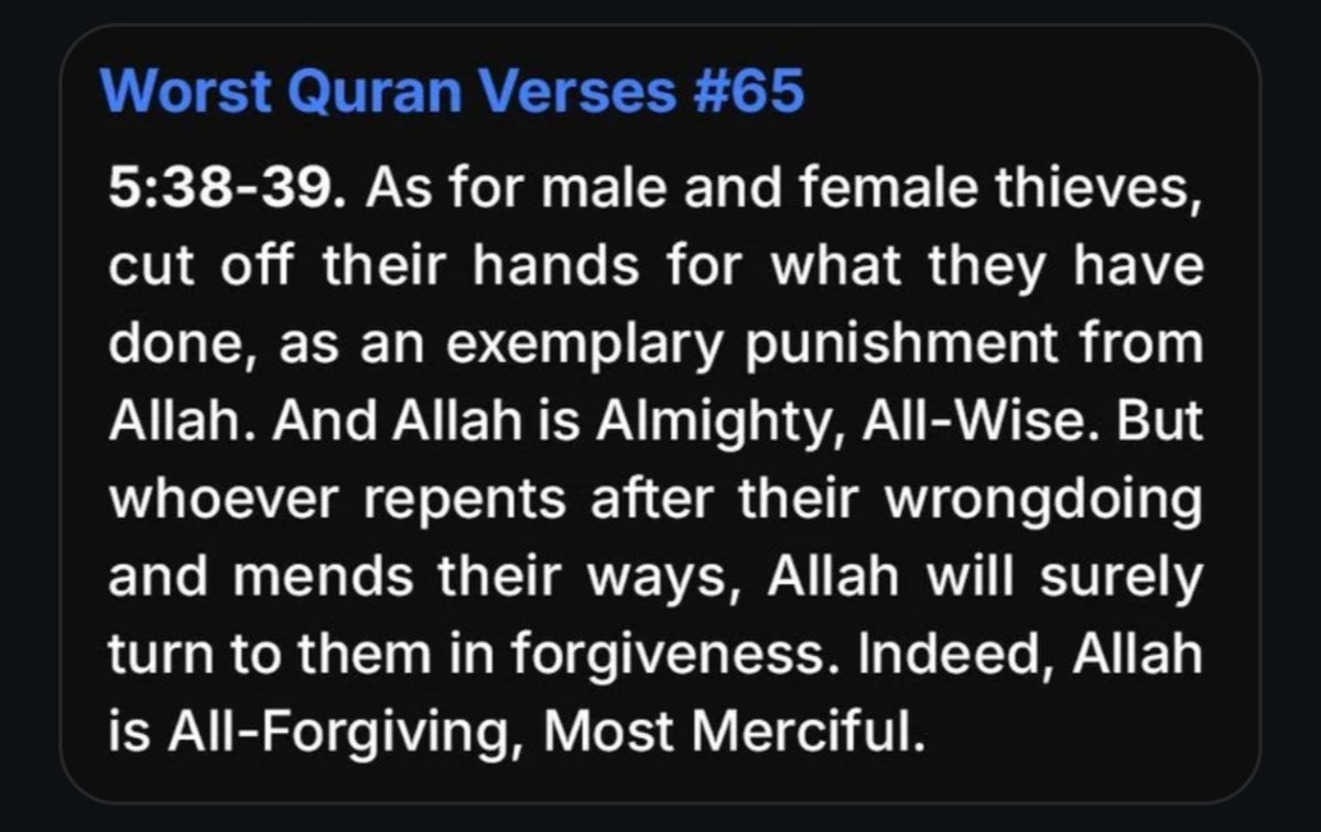 scopethetruth1's tweet photo. Allah describes himself as merciful because He can forgive thieves after punishing them with permanent mutilation.🤣 https://t.co/btBQyEimER