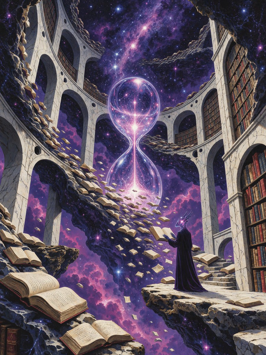 silbrio's tweet photo. When a library holds the stars and a clocktower keeps their time, which door do you open first? 🌌 #FantasyArt #AIArt https://t.co/tHxR9ws28U
