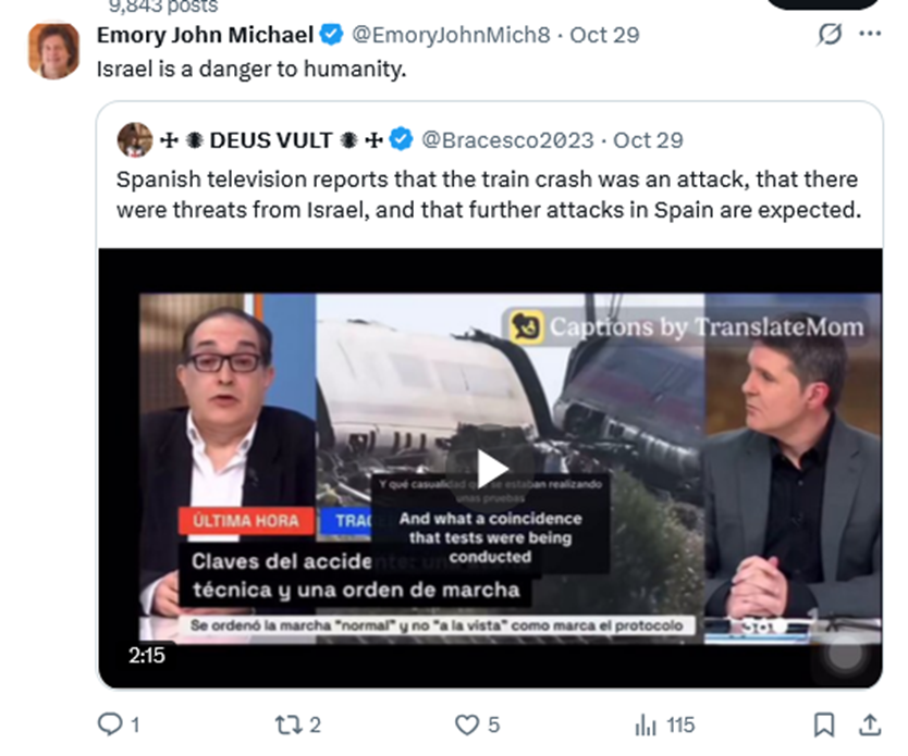 HyperLoopins's tweet photo. @EmoryJohnMich8 @RepJoshG How antisemitic and paranoid are you ? Quite a bit, 'twould seem. "It's a video all over the Internet." That's real evidence! (How dumb). "The claim that the Spanish train crash was an Israeli attack is baseless conspiracy theorizing that fits a familiar antisemitic pattern." https://t.co/mouM9Wof6P
