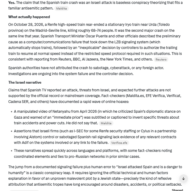 HyperLoopins's tweet photo. @EmoryJohnMich8 @RepJoshG How antisemitic and paranoid are you ? Quite a bit, 'twould seem. "It's a video all over the Internet." That's real evidence! (How dumb). "The claim that the Spanish train crash was an Israeli attack is baseless conspiracy theorizing that fits a familiar antisemitic pattern." https://t.co/mouM9Wof6P