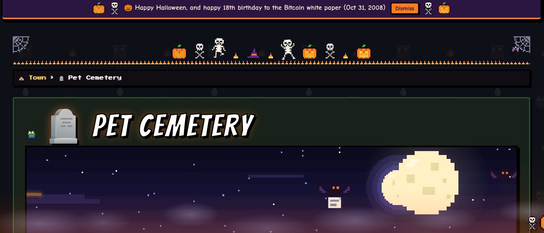 XCPets's tweet photo. The Pet Cemetery is open to everyone πͺ¦ From block 973,933, any player can hold a seance, pledge pets and raise any grave. Raised pets come back as zombies you can feed and battle. Halloween decor is up across town too. Happy Halloween from https://t.co/ZGietdDuzU #XCPets https://t.co/an1q0XEZeb