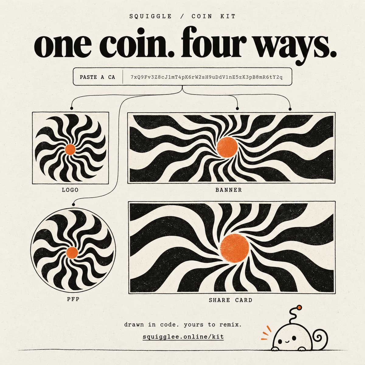 squigglee_'s tweet photo. UPDATE: Paste any CA on squiggle.

You get a logo, a banner, a pfp and a share card for that coin, all drawn in code.

Same coin, same designs, every time.
open any of them in the studio and make it yours.

https://t.co/NjYSUB1WR3 https://t.co/WlXZxuBvpc