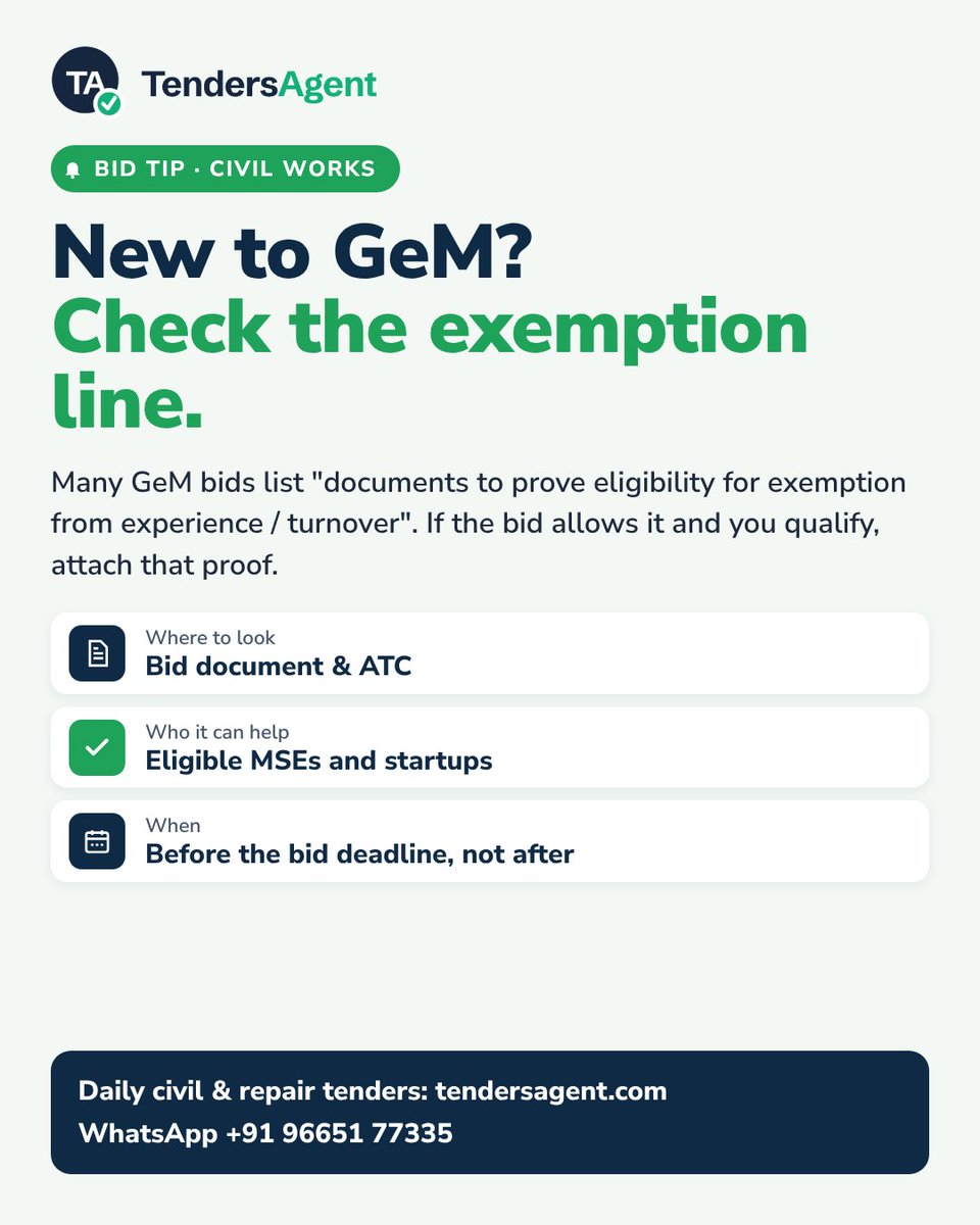 tendersagent's tweet photo. Bidding on GeM for civil works or repairs? Look for the "exemption from experience / turnover" line in the bid. If the bid allows it and you qualify, attach the proof before the deadline.
https://t.co/tlLtg9hqzx
WhatsApp: https://t.co/vtLo0uHTtu
#GeM https://t.co/NyrQEZdEP3